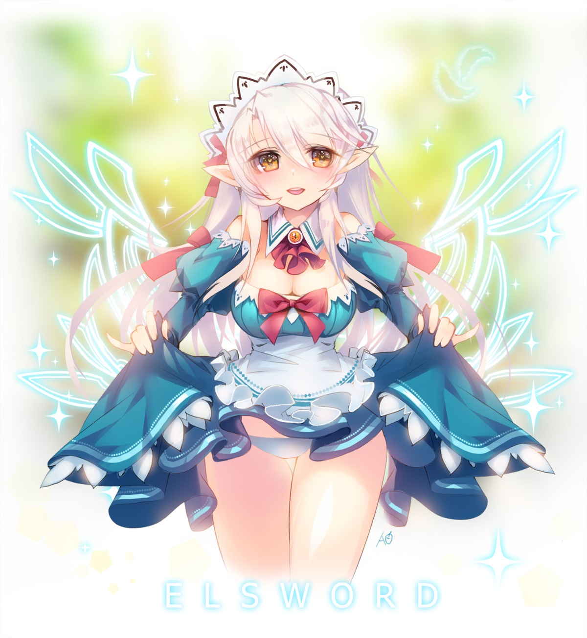 apple_caramel cleavage elsword maid pantsu pointy_ears skirt_lift wings