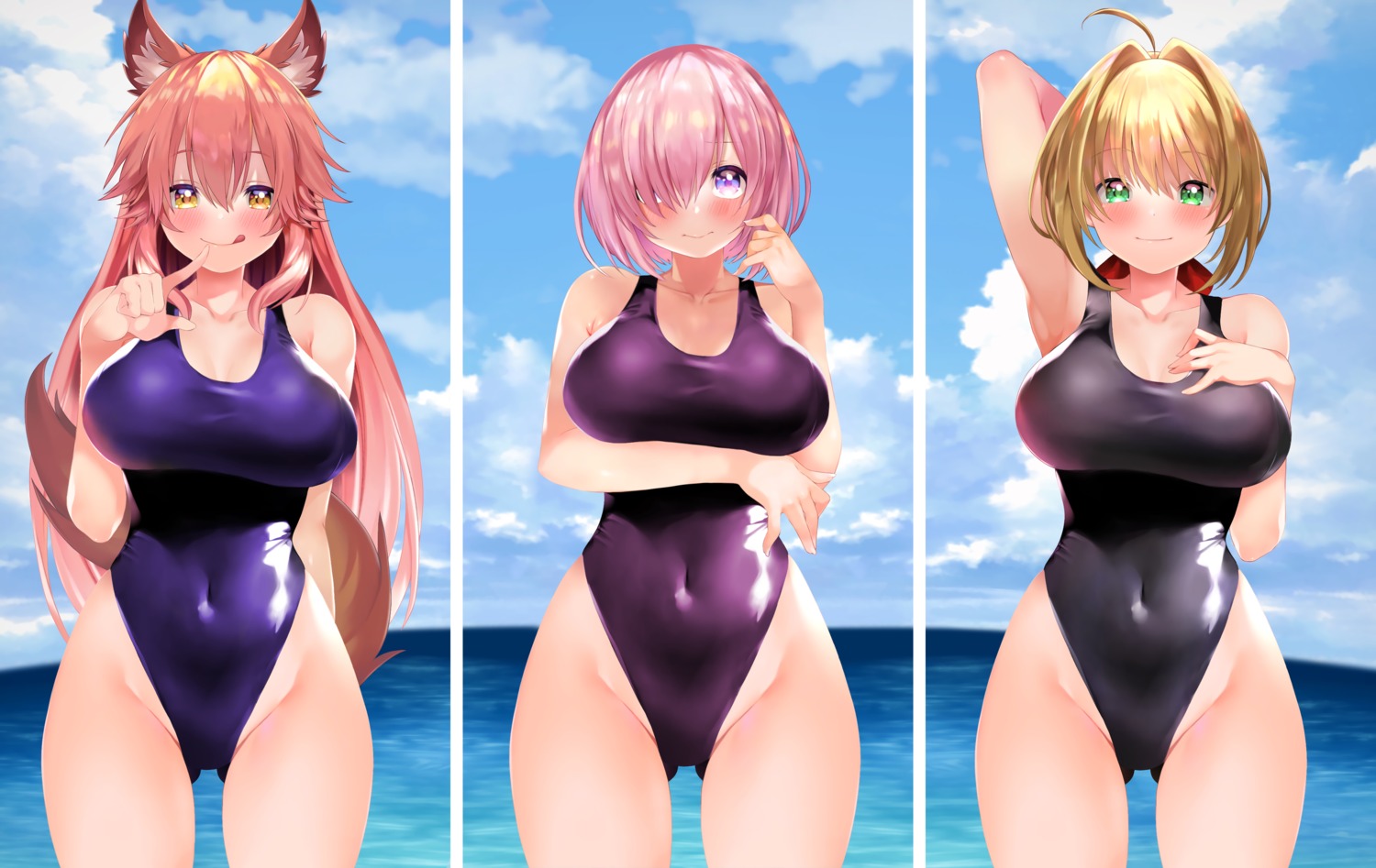 animal_ears breast_hold fate/extra fate/grand_order fate/stay_night mash_kyrielight saber_extra sabi1234 swimsuits tail tamamo_no_mae