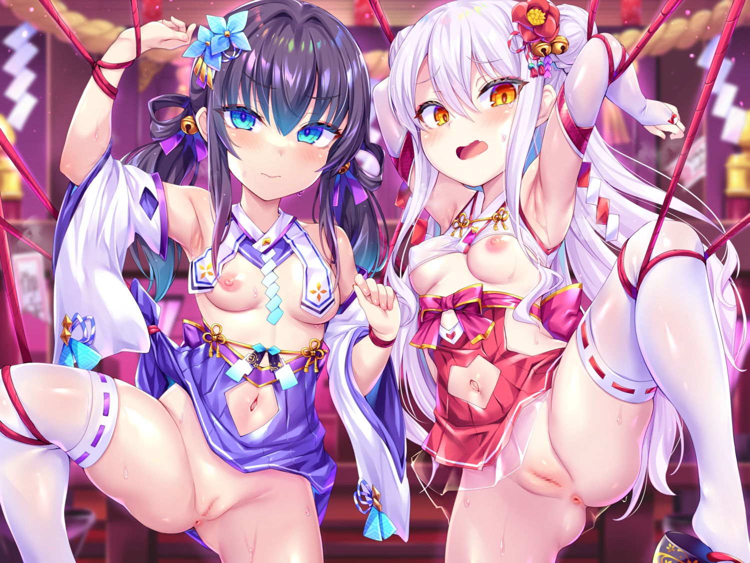 anus bondage breasts censored erect_nipples loli miko nipples no_bra nopan pussy see_through skirt_lift thighhighs toraishi_666 wet