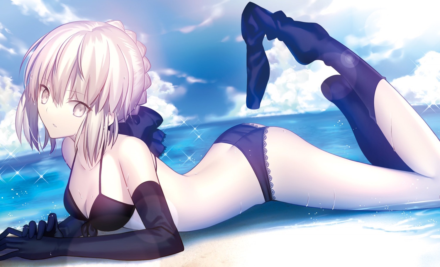 ass bra cleavage fate/grand_order fate/stay_night jpeg_artifacts mashima_saki_(mashimasa) pantsu saber saber_alter thighhighs wet