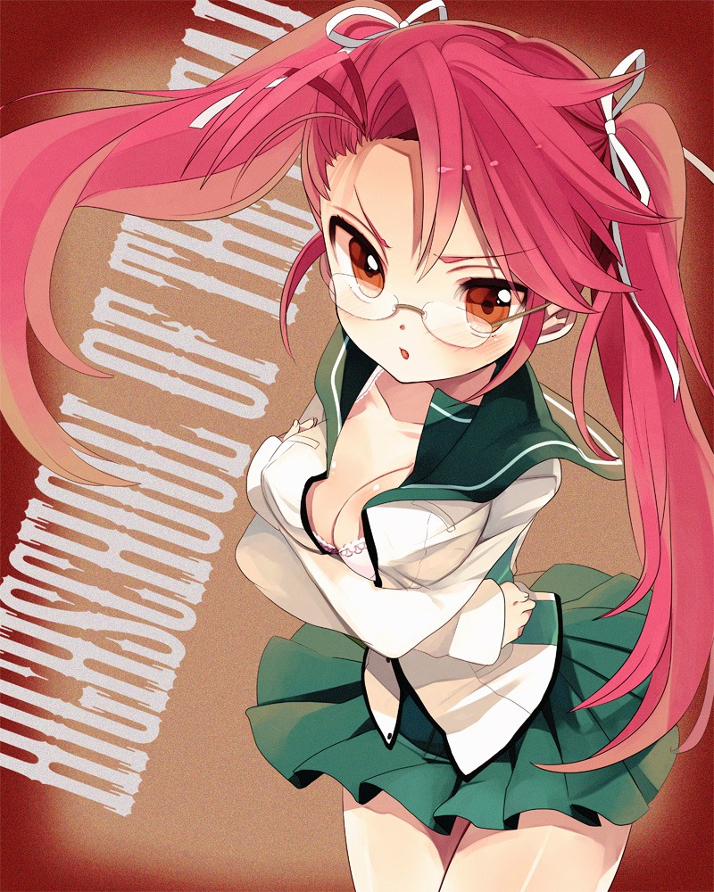 amazawa_koma bra breast_hold cleavage highschool_of_the_dead megane open_shirt seifuku takagi_saya