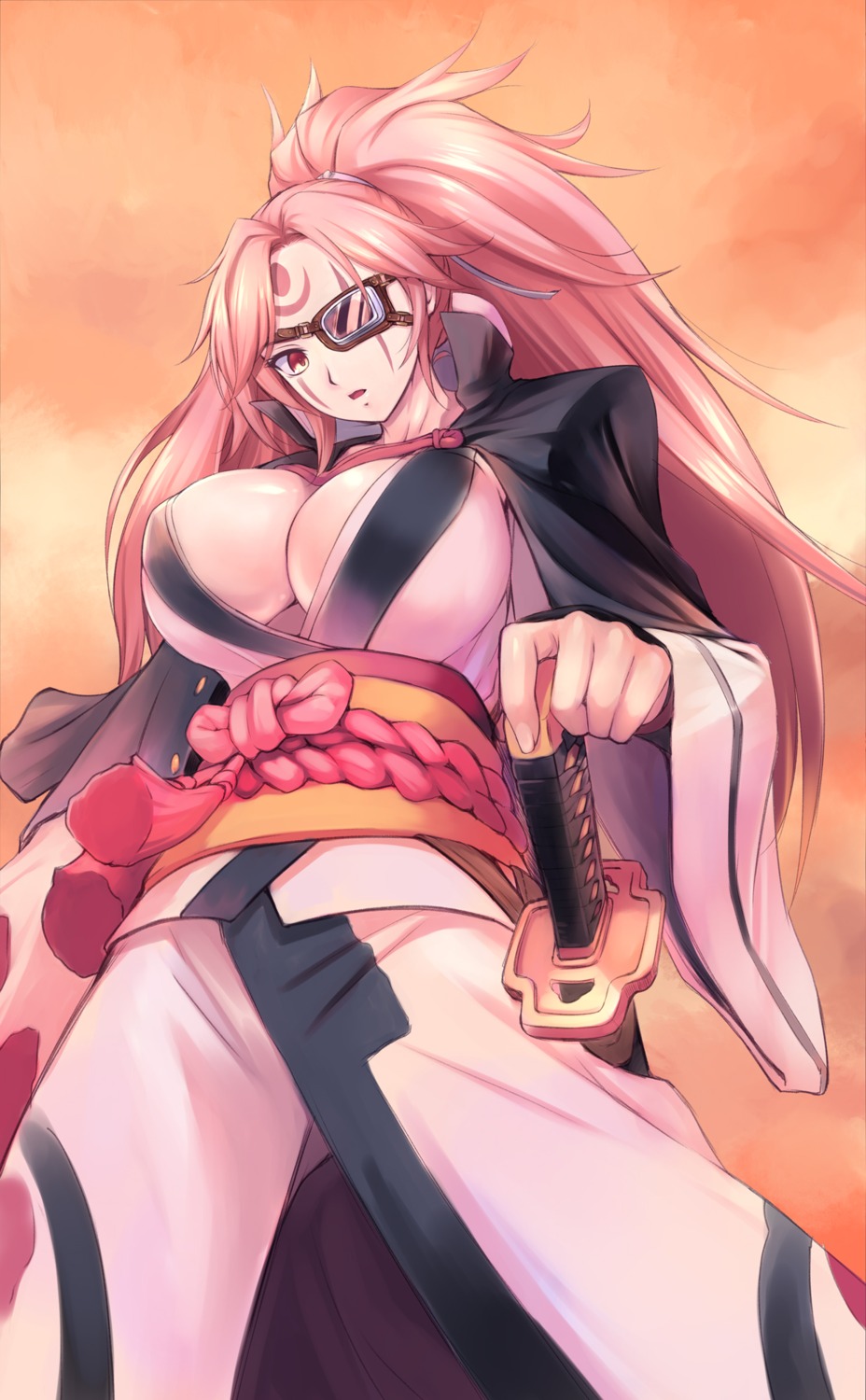 amei_sumeru baiken cleavage eyepatch guilty_gear_xrd japanese_clothes no_bra open_shirt sword tattoo