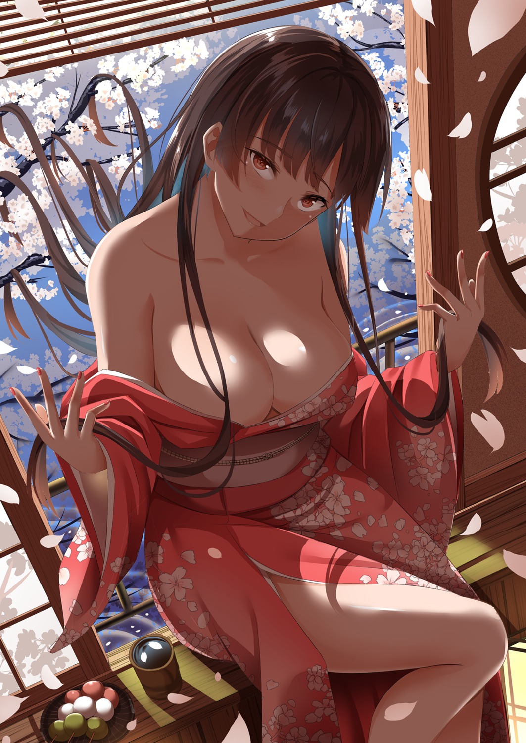 breasts kimono kinata7 no_bra open_shirt skirt_lift