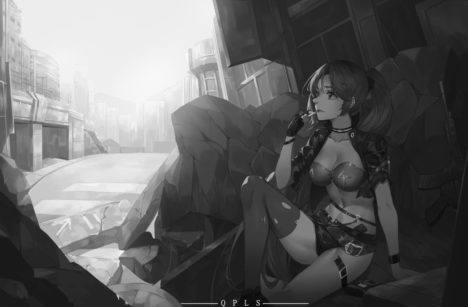 bra cleavage garter gun monochrome open_shirt qian_pu_liu_shang smoking thighhighs torn_clothes