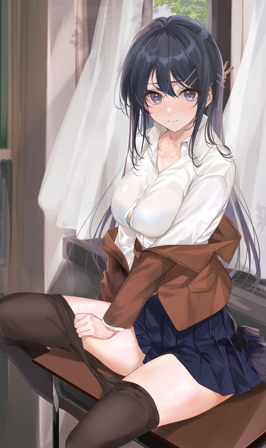 bra mexif open_shirt pantyhose sakurajima_mai see_through seifuku seishun_buta_yarou undressing