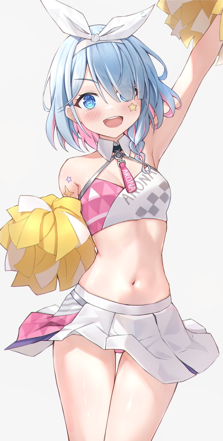 arona_(blue_archive) blue_archive cheerleader cleavage loli no_bra pantsu reneua skirt_lift tattoo