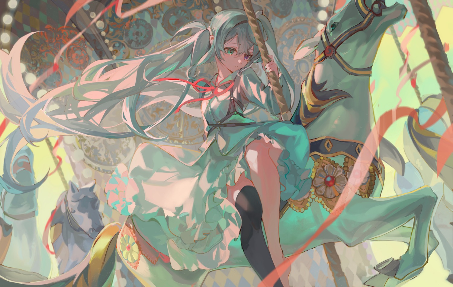 hatsune_miku heterochromia hlymoriia skirt_lift thighhighs vocaloid