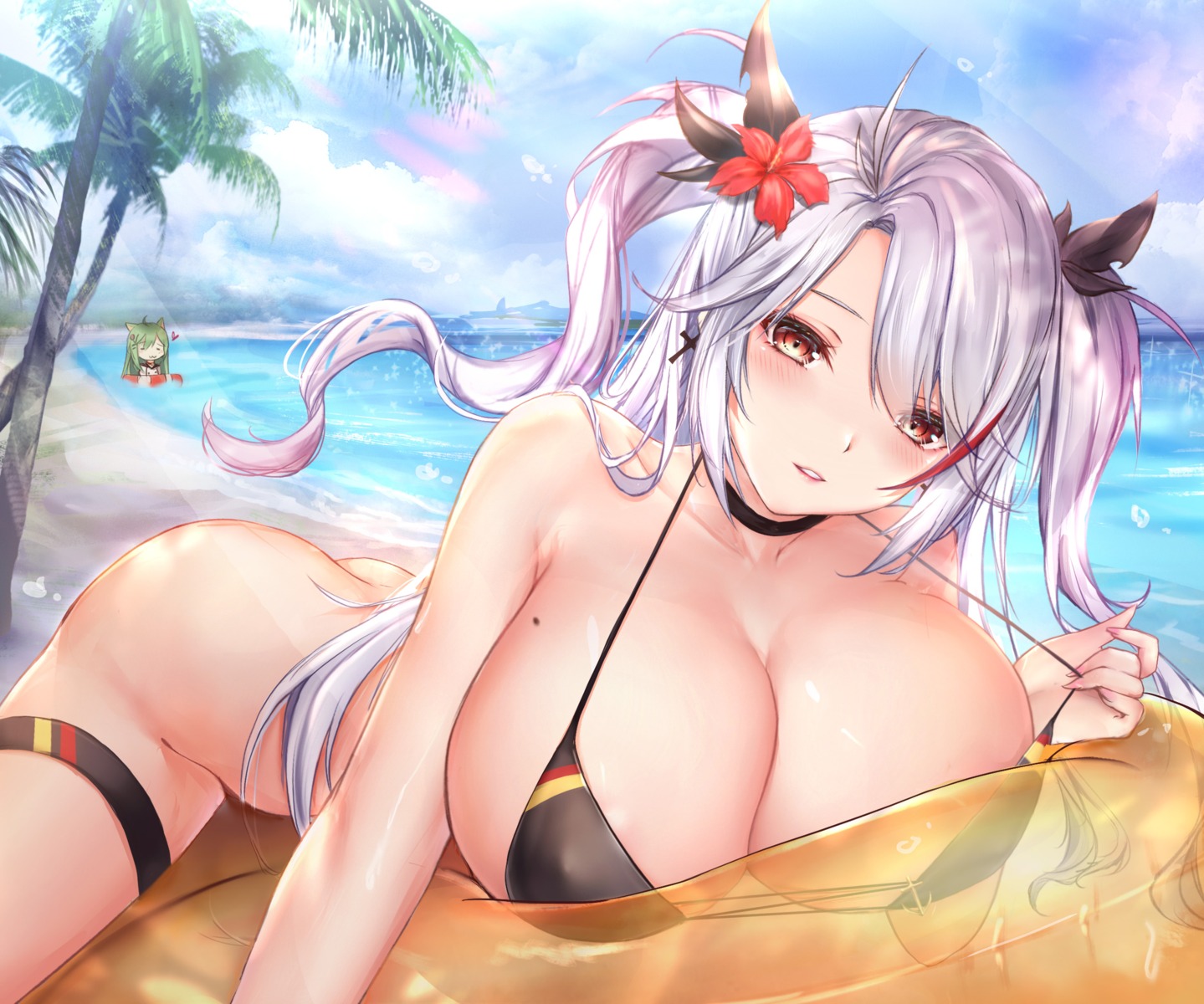 akashi_(azur_lane) animal_ears azur_lane bikini_top erect_nipples garter luminous prinz_eugen_(azur_lane) swimsuits undressing wet