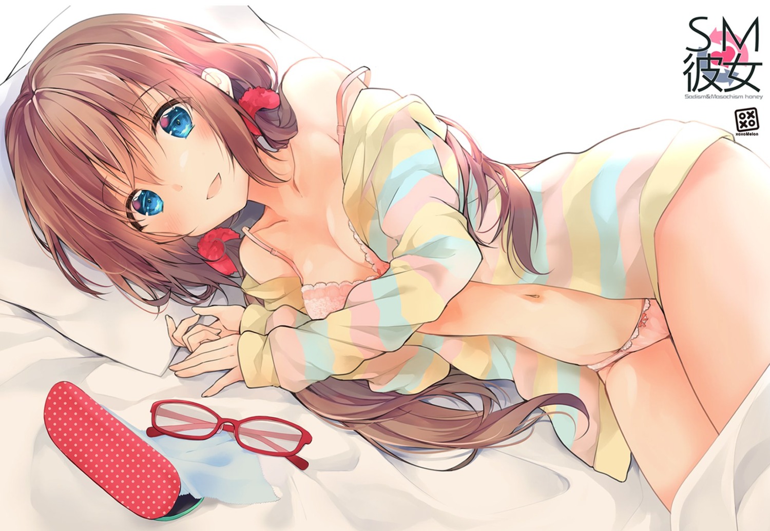 bra cleavage open_shirt pajama pantsu peke_(xoxo_melon) sheets