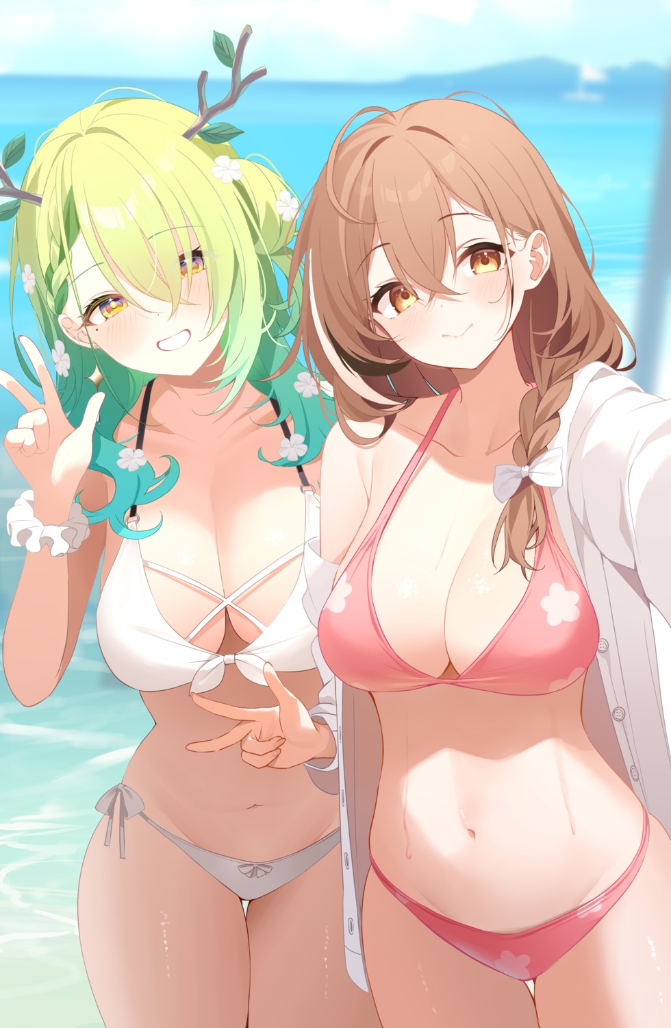 bikini ceres_fauna deyui dress_shirt hololive hololive_english horns nanashi_mumei open_shirt selfie swimsuits wet