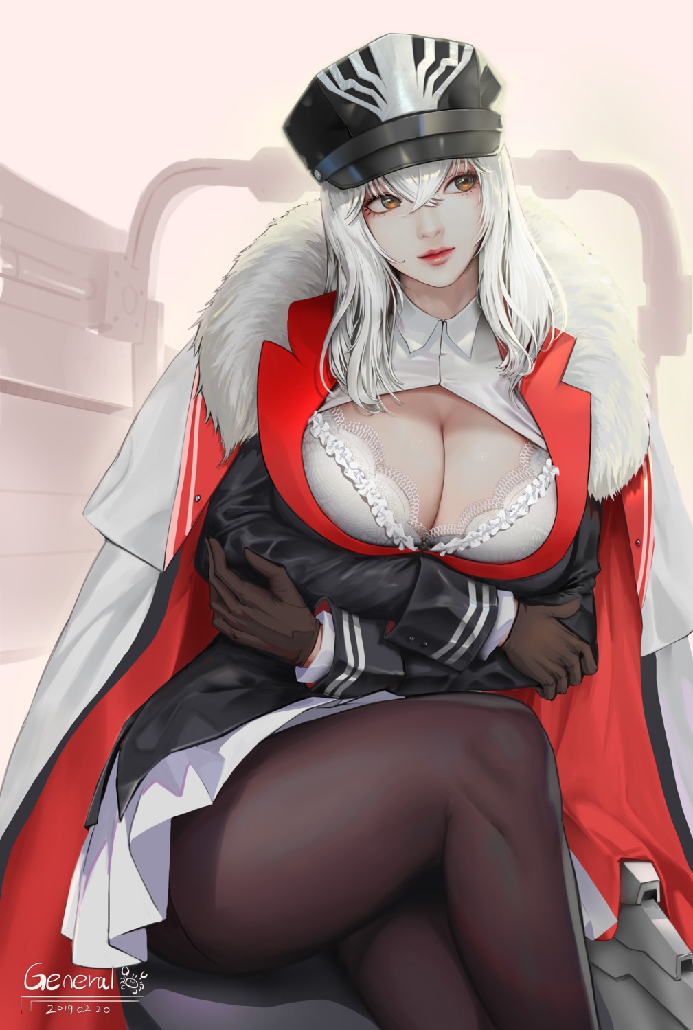 azur_lane bra breast_hold cleavage genera-x graf_zeppelin_(azur_lane) open_shirt pantyhose skirt_lift uniform