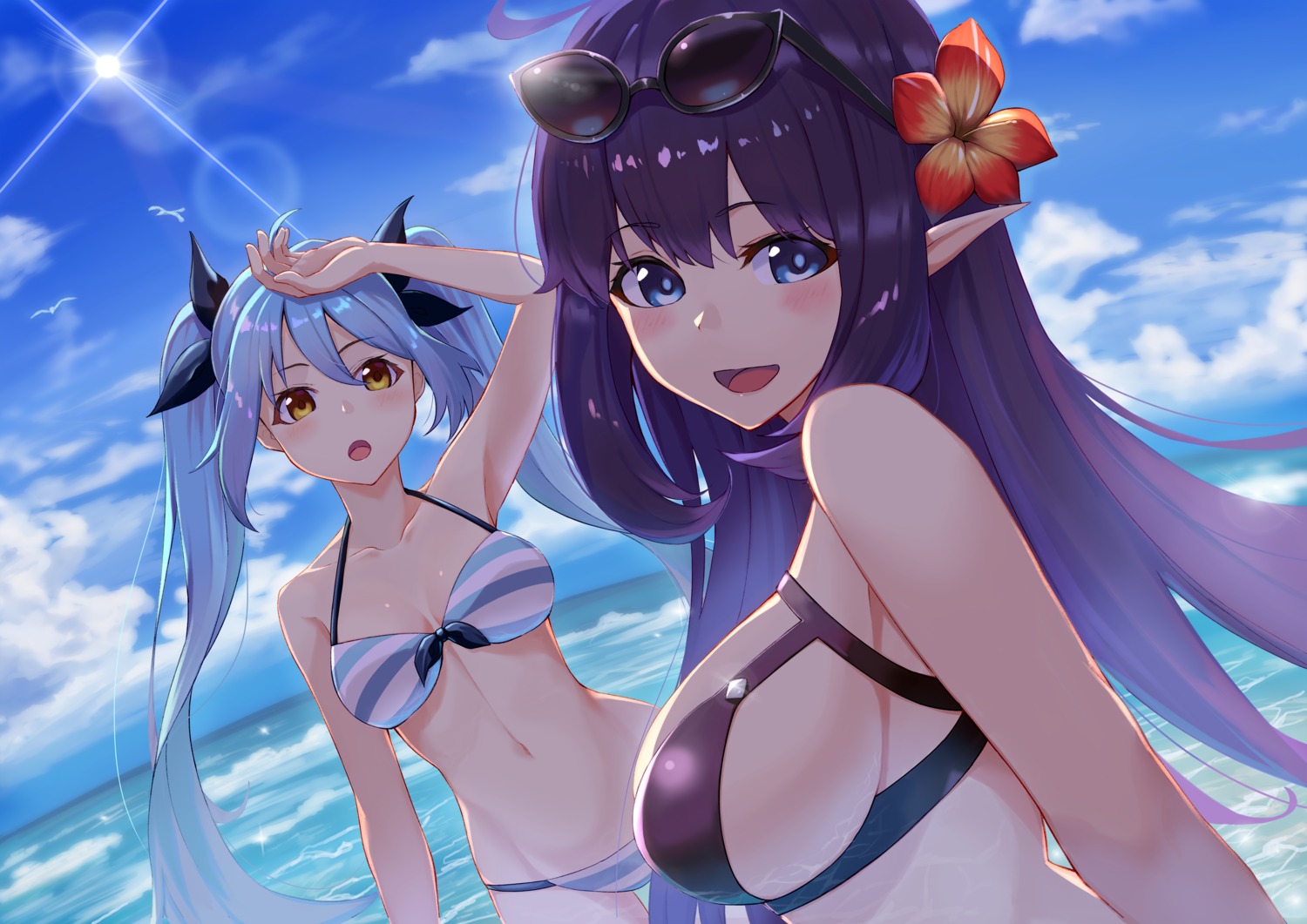 bikini cleavage king's_raid kuen_(kuennn12) megane mirianne_(king's_raid) pointy_ears sonia_(king's_raid) swimsuits