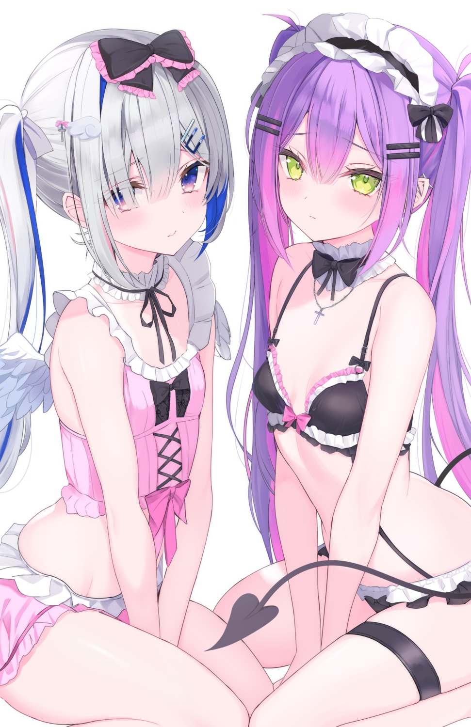 amane_kanata bra garter hololive kitano_yukito lolita_fashion pantsu pointy_ears tail tokoyami_towa wings