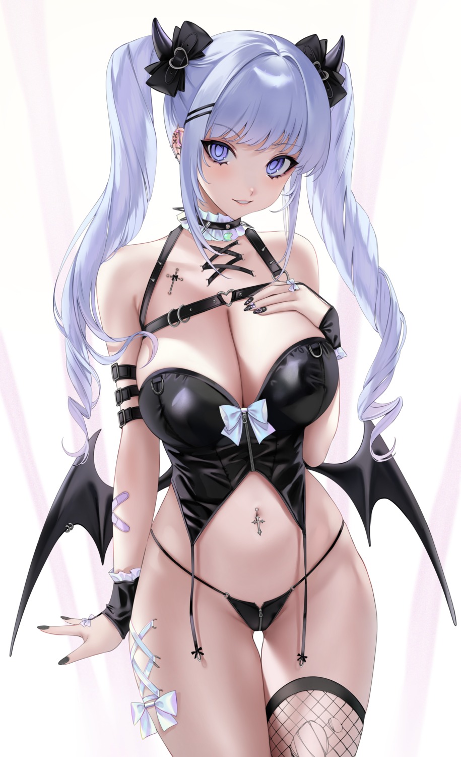 bandaid devil fishnets horns no_bra ompf pantsu thighhighs thong torn_clothes wings