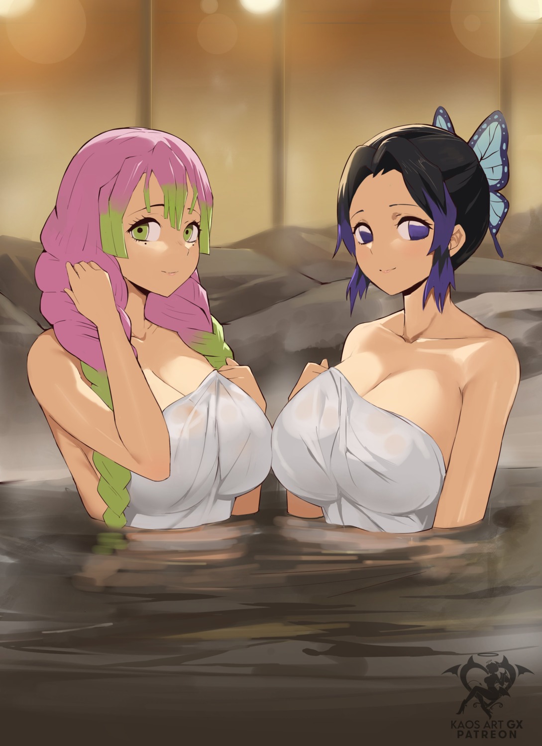 bathing kanroji_mitsuri kaos_art kimetsu_no_yaiba kochou_shinobu onsen towel wet