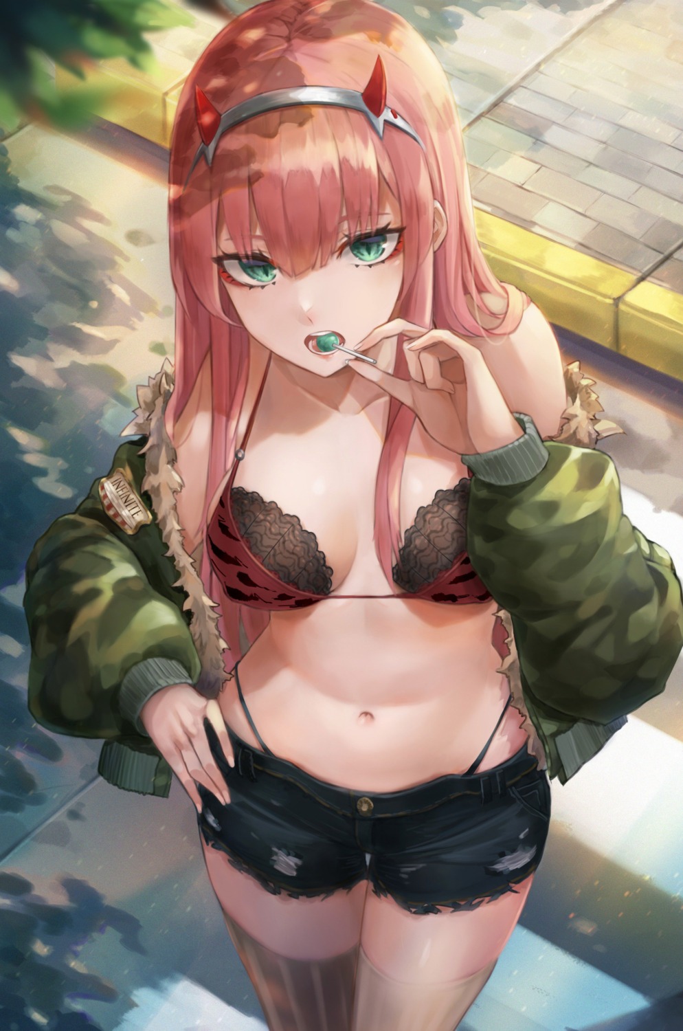 bikini_top cleavage darling_in_the_franxx envysoi horns open_shirt sweater swimsuits thighhighs torn_clothes zero_two_(darling_in_the_franxx)