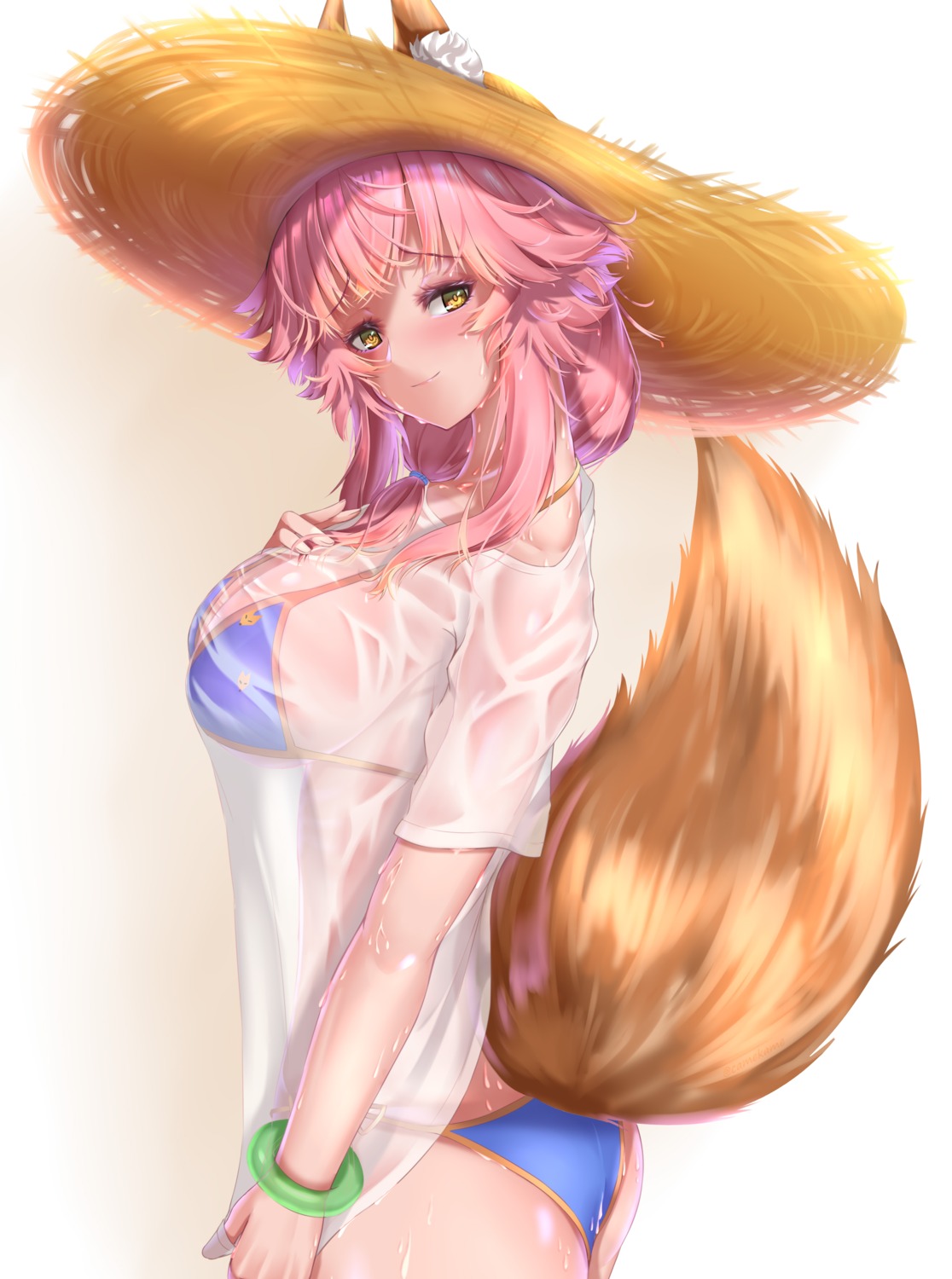 animal_ears ass bikini fate/grand_order kamehito kitsune see_through swimsuits tail tamamo_no_mae wet wet_clothes