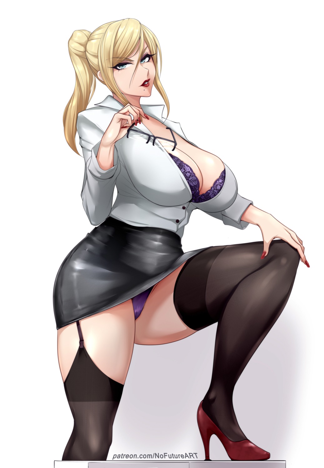 bra dress_shirt heels megane metroid nofuture open_shirt pantsu samus_aran skirt_lift stockings thighhighs