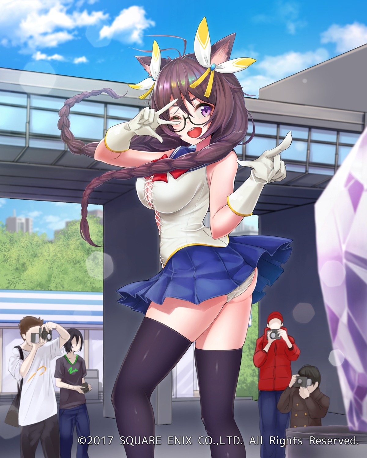 animal_ears ass cleavage mappaninatta megane pantsu seifuku skirt_lift thighhighs venus_rumble