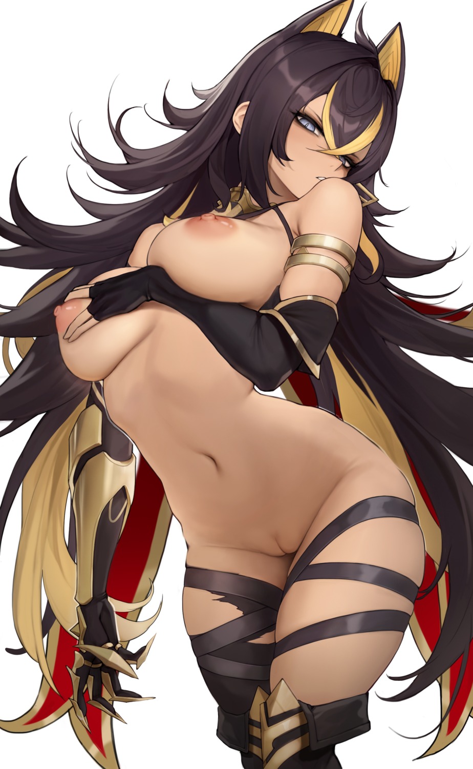 breast_hold dehya genshin_impact l_ract naked nipples pussy thighhighs torn_clothes uncensored