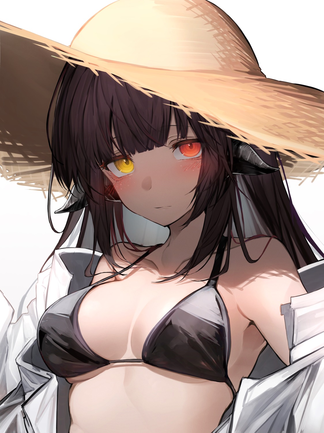 bikini_top heterochromia open_shirt swimsuits tab_head