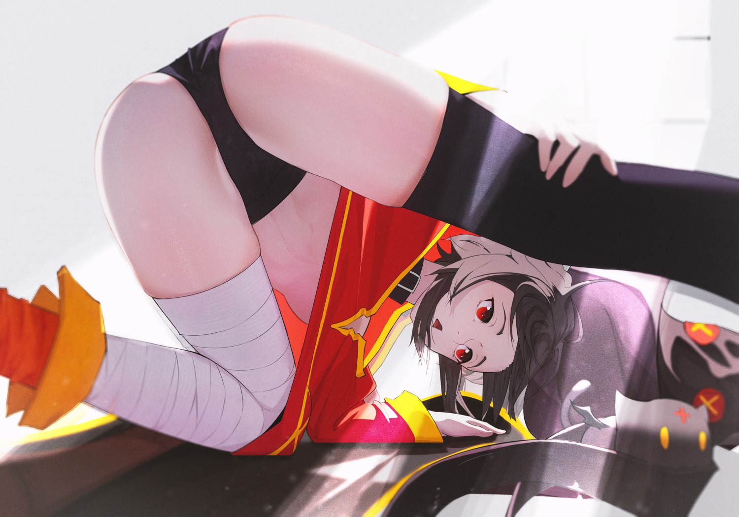 bandages dress kono_subarashii_sekai_ni_shukufuku_wo! megumin no_bra pantsu skirt_lift thighhighs thong wardrobe_malfunction witch ynnk_lc