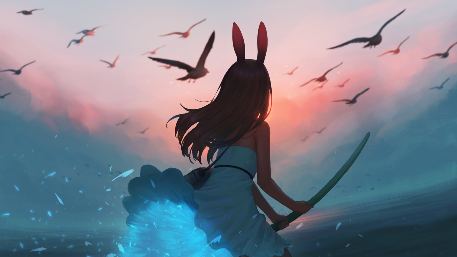 animal_ears bunny_ears dress skirt_lift sword yao_ren_gui
