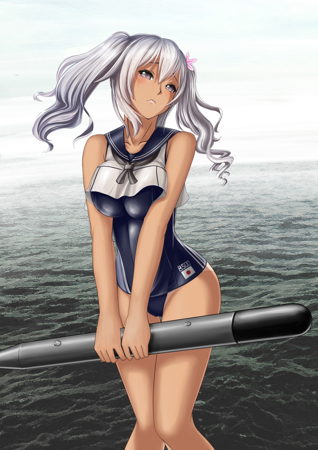 kantai_collection kashima_(kancolle) onsentaisa school_swimsuit swimsuits tan_lines weapon