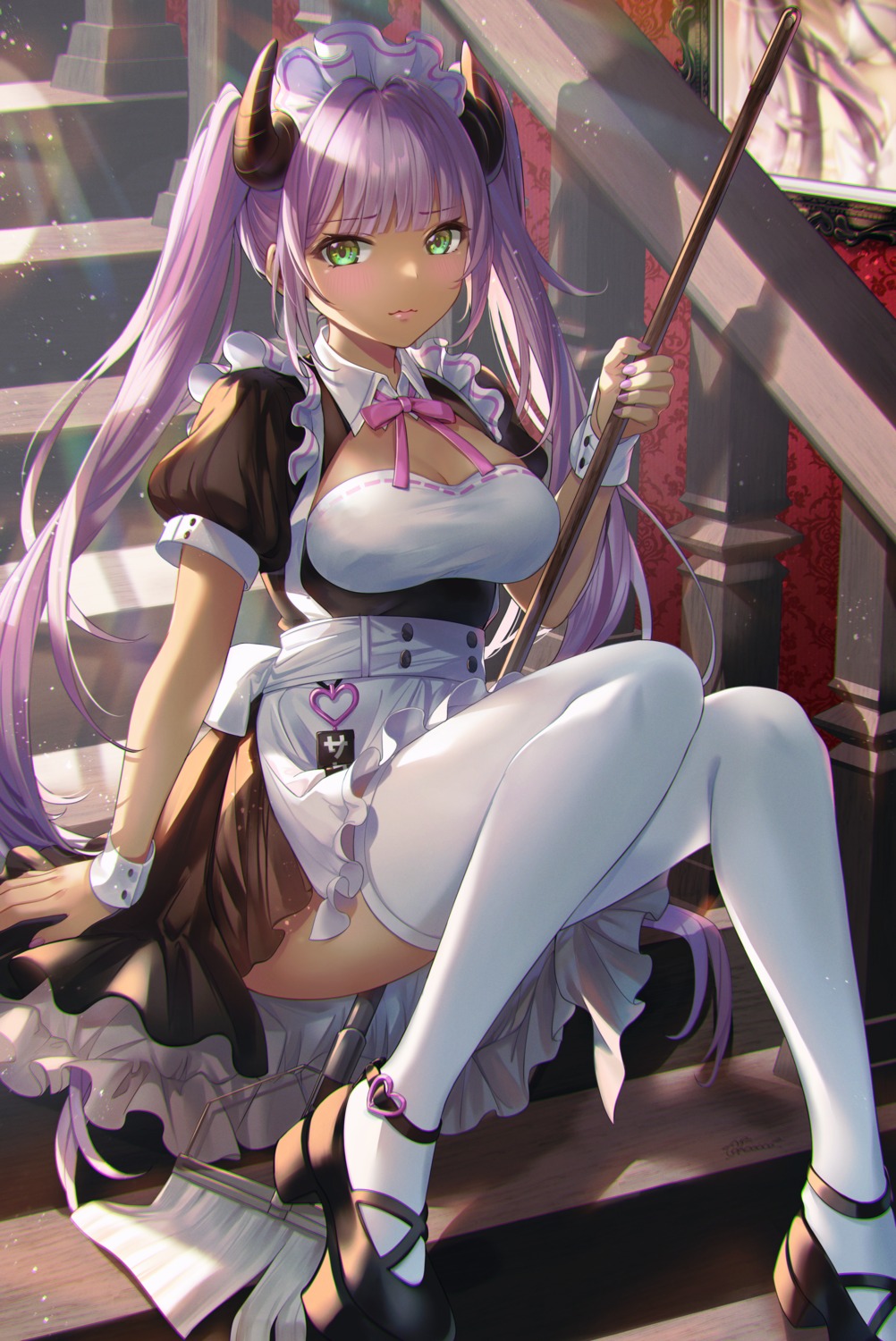 artist_revision cleavage cokecoco horns maid skirt_lift thighhighs