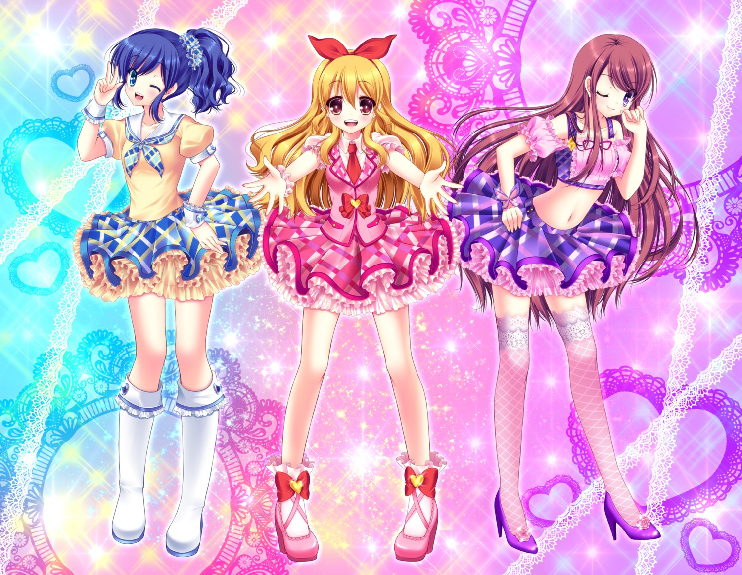 aikatsu! dress hoshimiya_ichigo kiriya_aoi shibuki_ran shira_yuri thighhighs