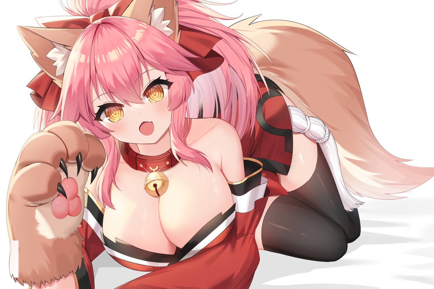 animal_ears fate/grand_order japanese_clothes kitsune neko_lu_(wofud453) no_bra tail tamamo_cat thighhighs