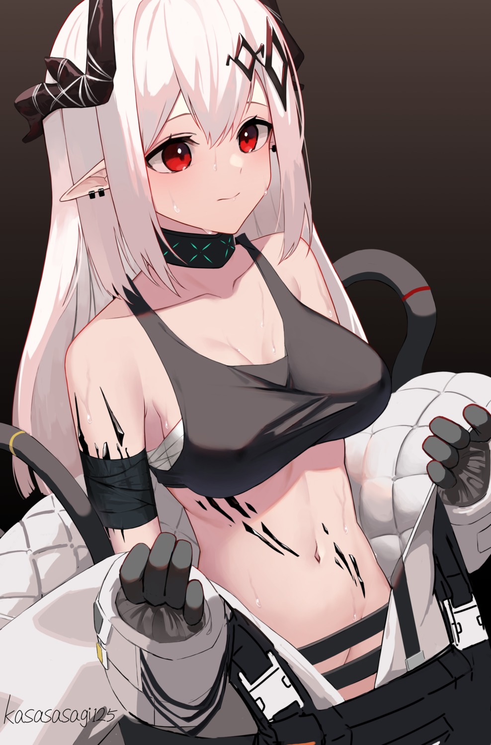 arknights horns kasasasagi mudrock_(arknights) nopan pointy_ears sarashi tail undressing