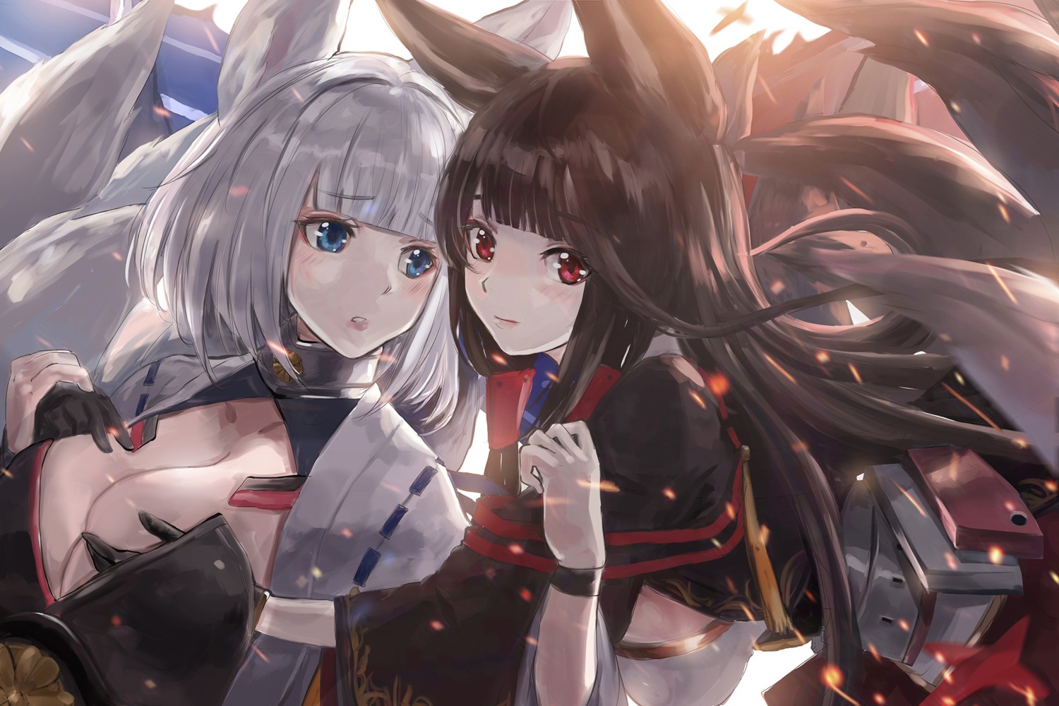 akagi_(azur_lane) animal_ears azur_lane breast_hold cleavage japanese_clothes kaga_(azur_lane) kitsune nasu_(luliice1014) no_bra tail yuri