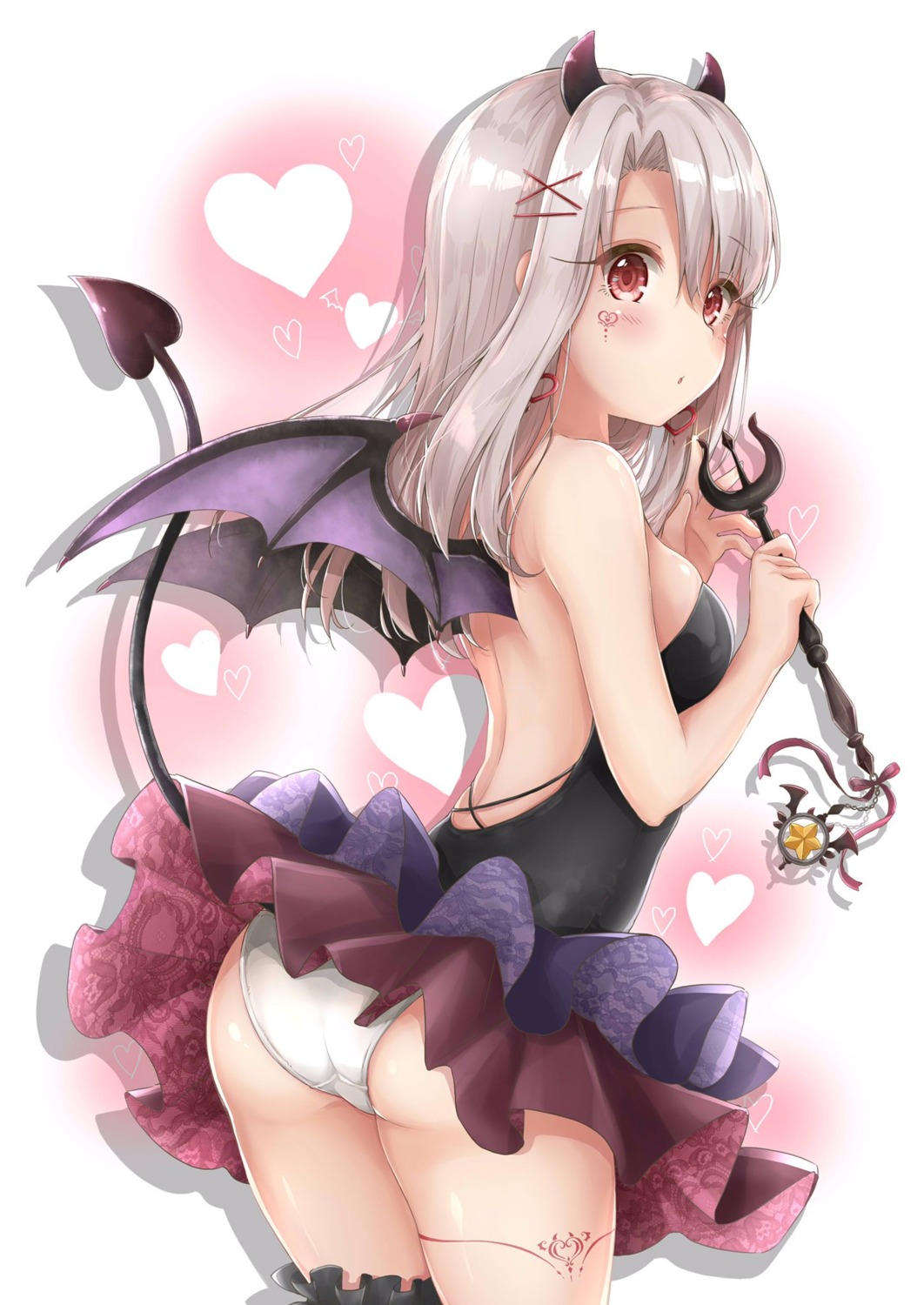 ass fate/grand_order fate/kaleid_liner_prisma_illya fate/stay_night garter horns illyasviel_von_einzbern magical_ruby mikujin_(mikuzin24) pantsu skirt_lift tail tattoo weapon wings