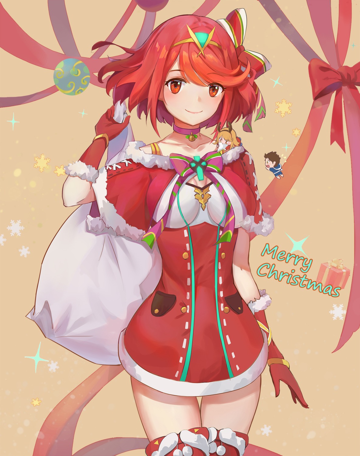 christmas cleavage dress homura_(xenoblade_2) kiiro_kimi thighhighs xenoblade xenoblade_chronicles_2