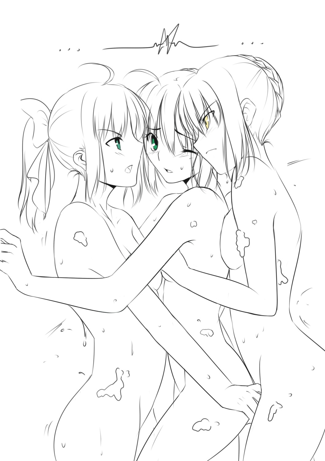bathing fate/stay_night ladymarta line_art naked saber saber_alter saber_lily wet yuri