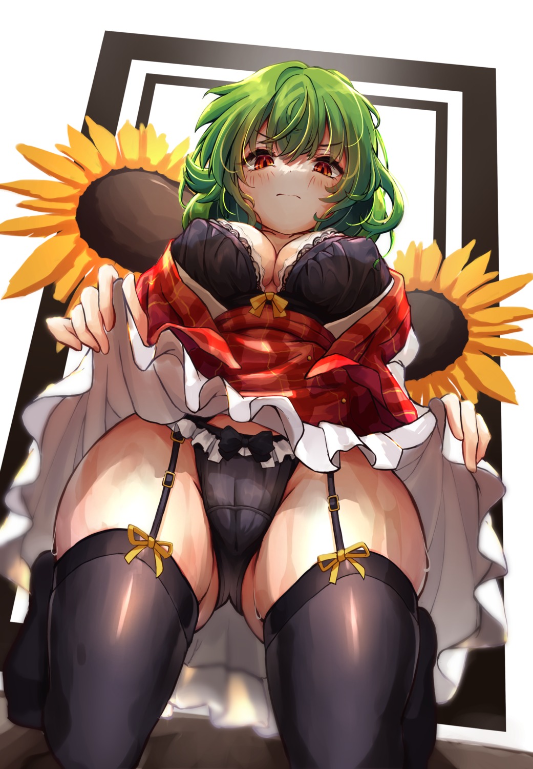 bra cameltoe hira-san kazami_yuuka open_shirt pantsu skirt_lift stockings thighhighs touhou