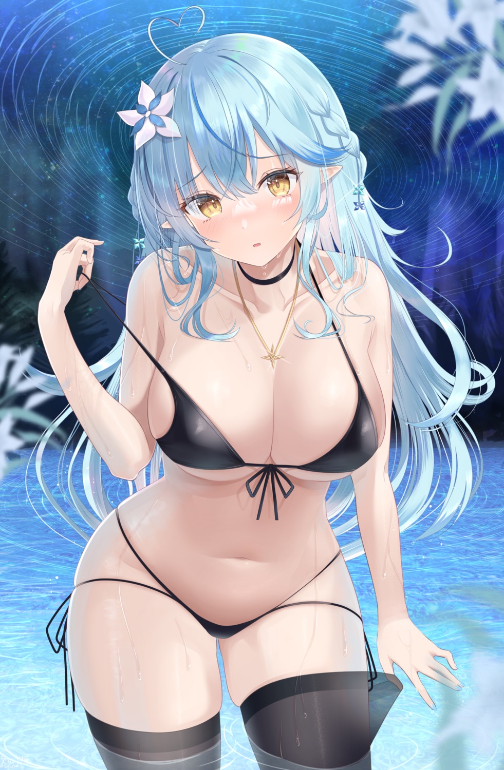 bikini elf erect_nipples hololive kachikachipiroo pointy_ears see_through swimsuits thighhighs undressing wet yukihana_lamy