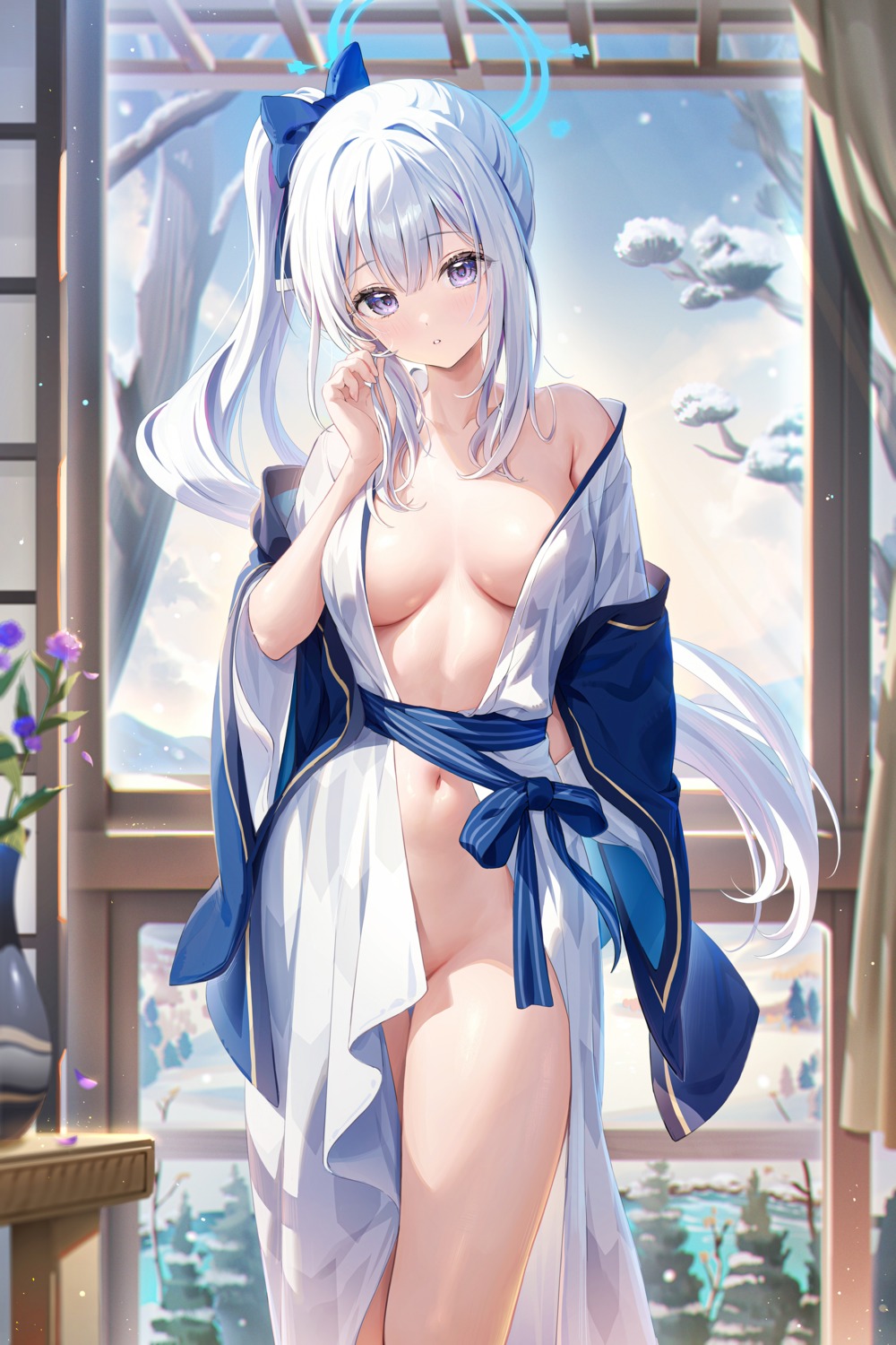 blue_archive halo houkisei no_bra nopan open_shirt tsukiyuki_miyako yukata