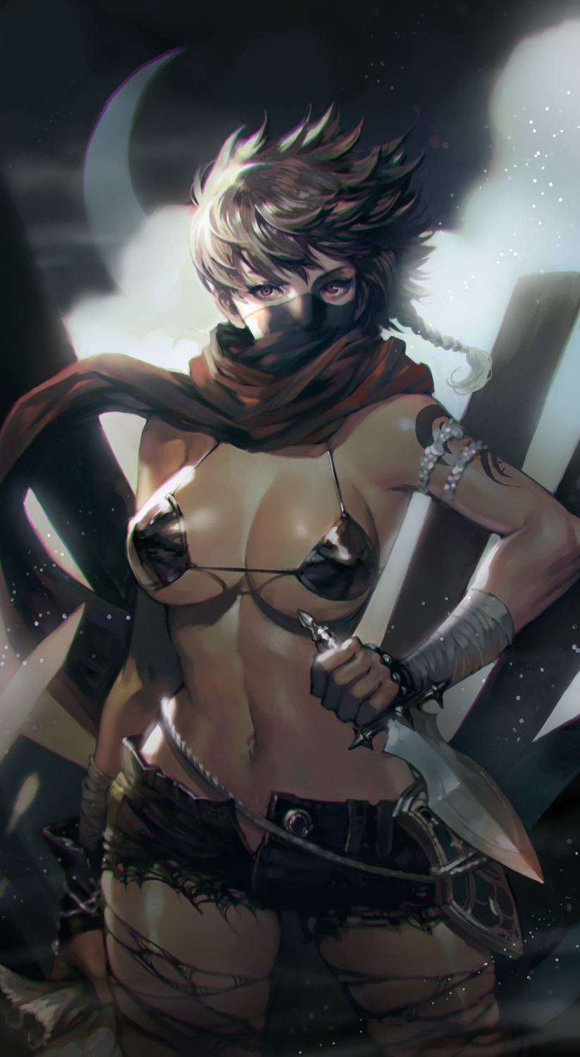 bandages bikini_armor bikini_top cleavage mabinogi_duel nessi swimsuits tattoo torn_clothes weapon