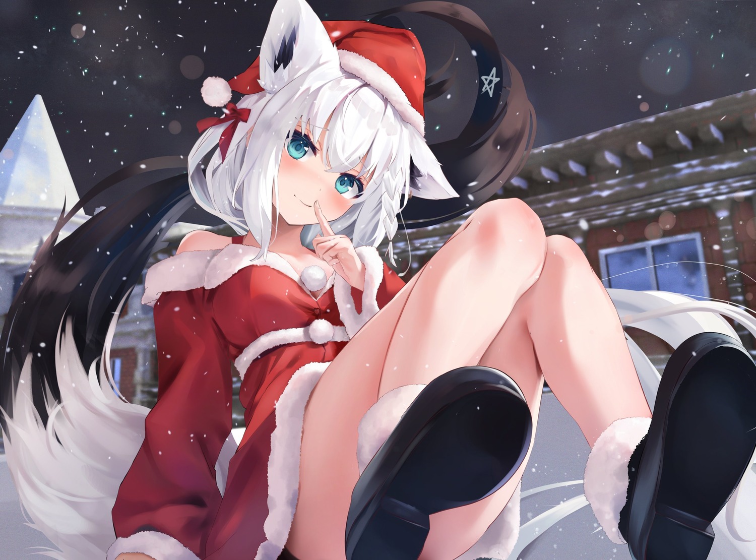 animal_ears christmas dress hololive hololive_gamers kitsune shirakami_fubuki tail uechin_ewokaku