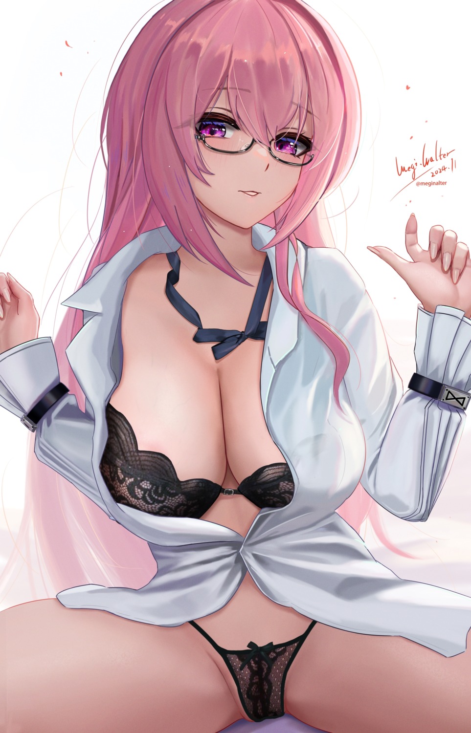 bra dress_shirt megane megi.nalter open_shirt pantsu see_through thong tsukishiro_yanagi zenless_zone_zero