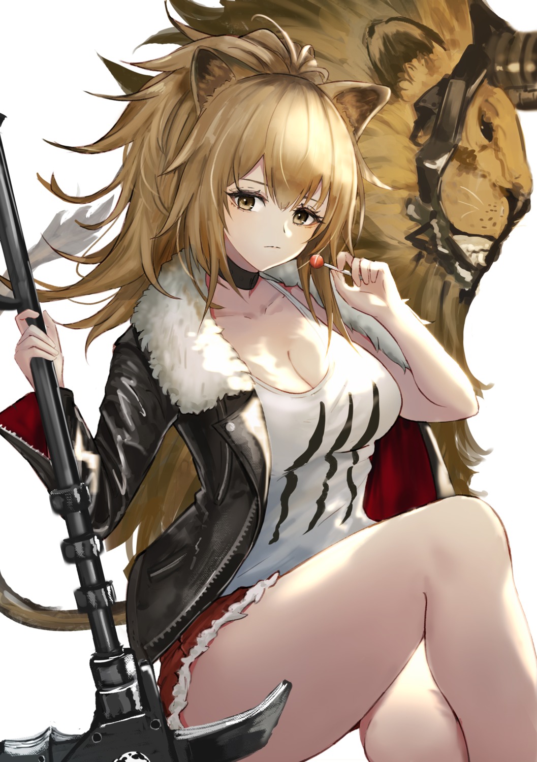 animal_ears arknights cleavage kuguiema siege_(arknights) tail weapon