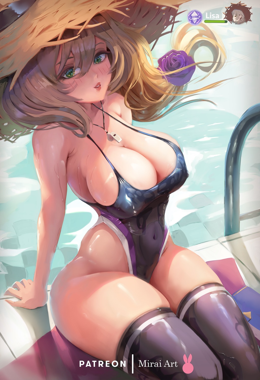 erect_nipples genshin_impact lisa_(genshin_impact) miraihikariart swimsuits thighhighs wet