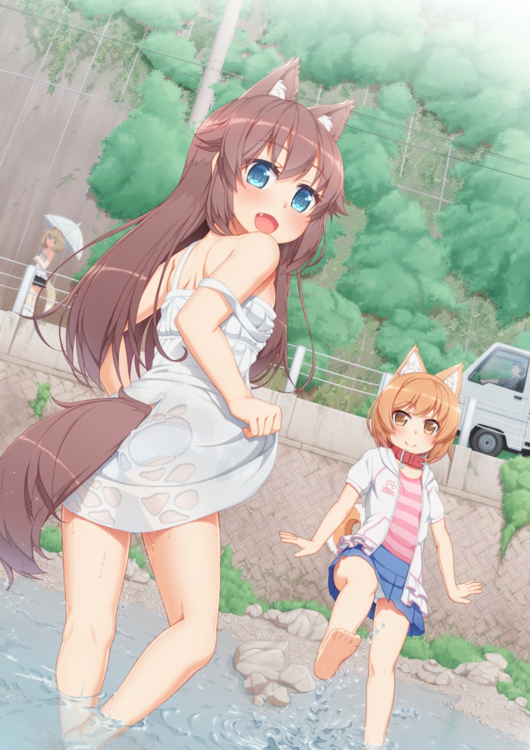 animal_ears dress feet loli pantsu see_through skirt_lift summer_dress tachimi_(basue) tail umbrella wet wet_clothes