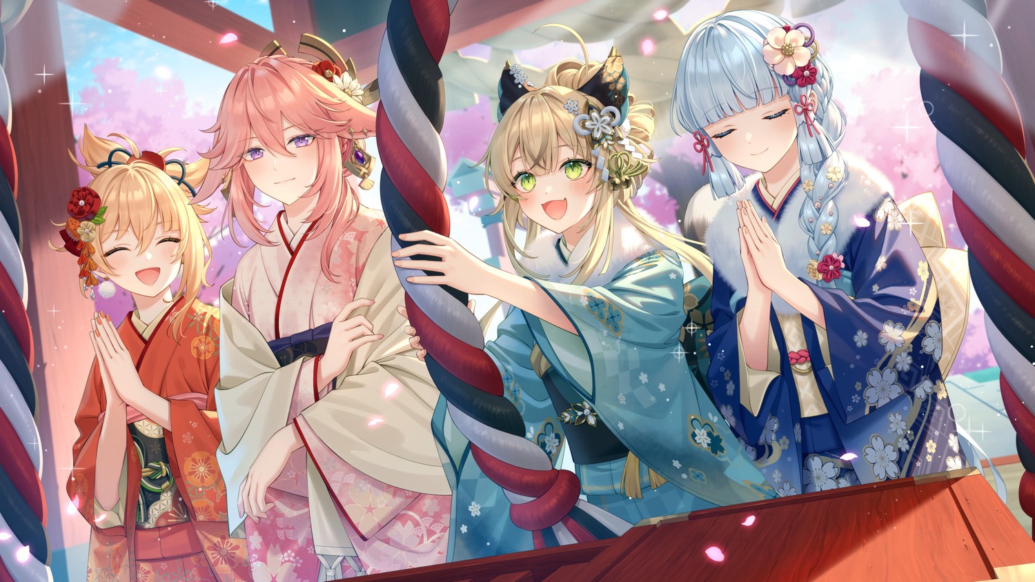 animal_ears bshi_edayo genshin_impact kamisato_ayaka kimono kirara_(genshin_impact) kitsune yae_miko yoimiya