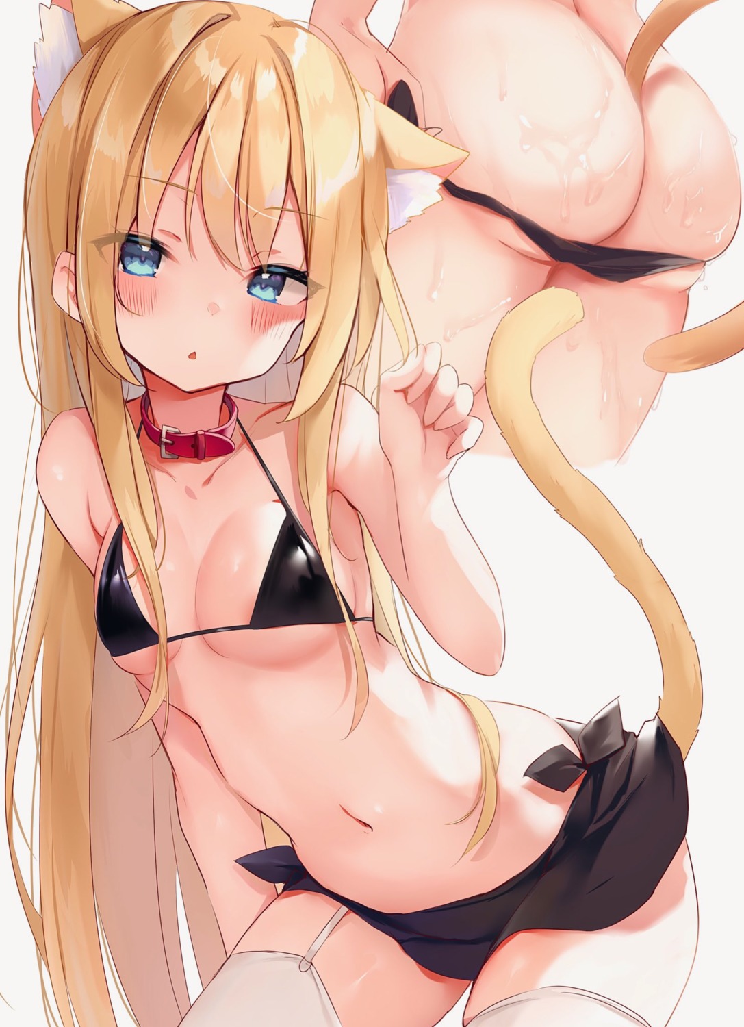 animal_ears ass bikini nekomugiharu panty_pull stockings swimsuits tail thighhighs undressing