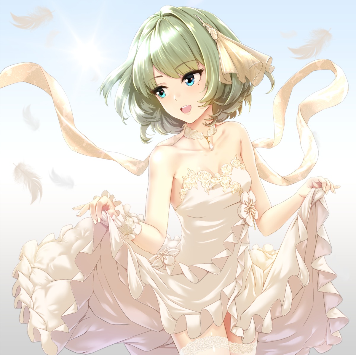 dress heterochromia infinote no_bra skirt_lift takagaki_kaede the_idolm@ster the_idolm@ster_cinderella_girls thighhighs wedding_dress