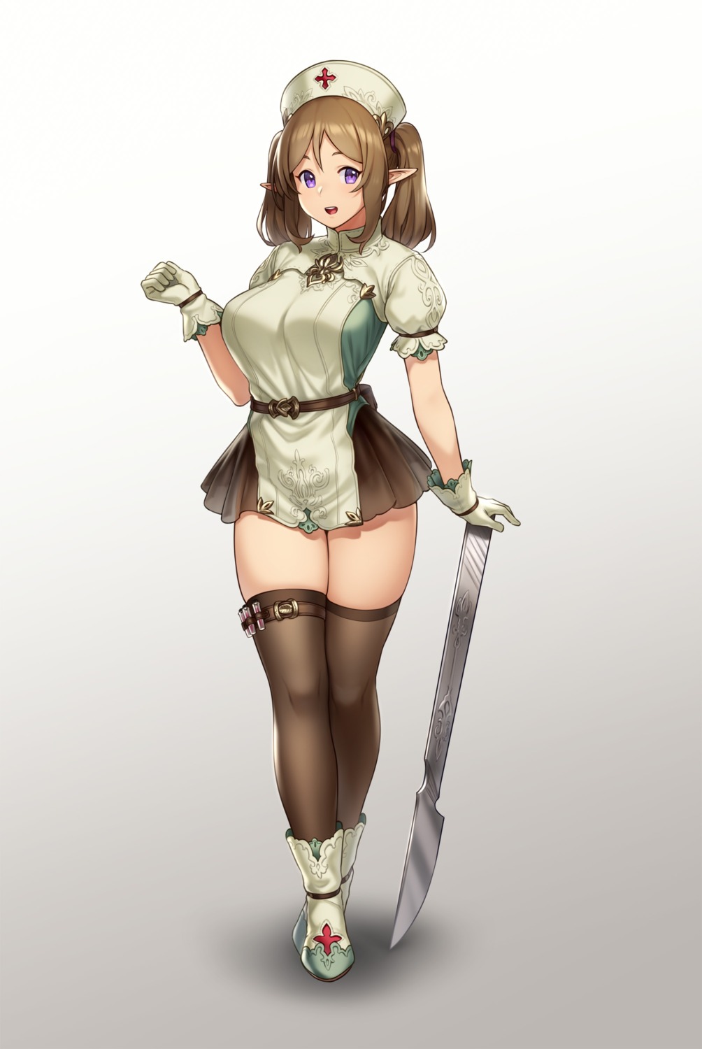 elf garter houtengeki nurse pointy_ears thighhighs weapon