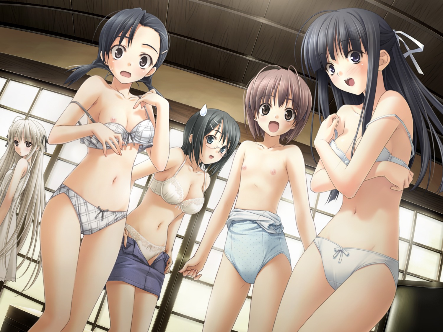 amatsume_akira bra breast_hold cleavage game_cg hashimoto_takashi kasugano_sora kuranaga_kozue loli megane migiwa_kazuha nipples pantsu sphere suzuhira_hiro swimsuits topless undressing yorihime_nao yosuga_no_sora